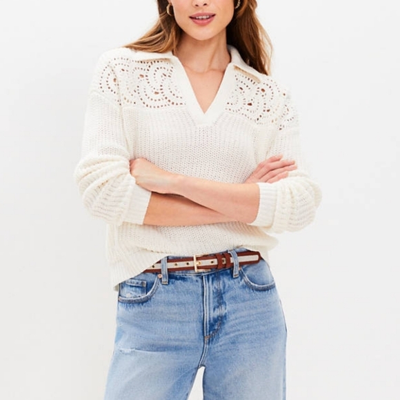 LOFT Cream V-Neck Sweater with Lace Accents - Picture 2 of 9